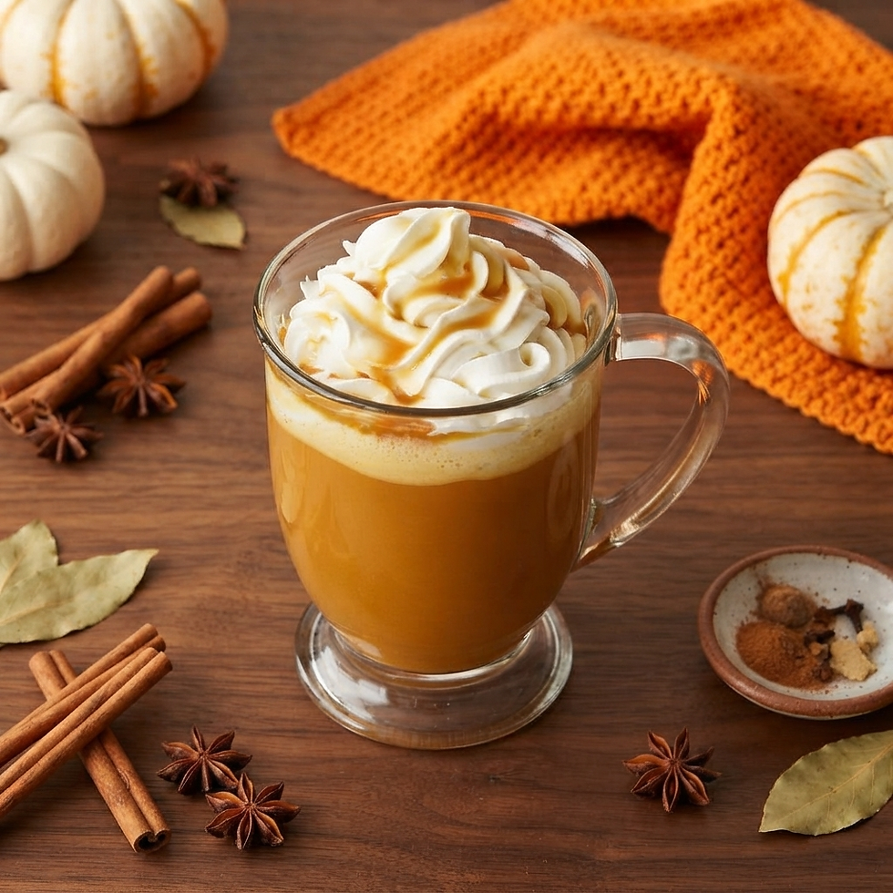 Pumpkin spice latte topped with whipped cream in a glass mug, surrounded by pumpkins, cinnamon sticks, and autumn spices on a wooden table.