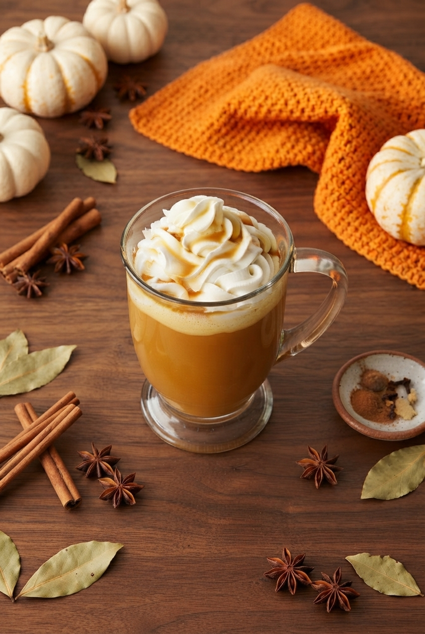 Pumpkin spice latte with whipped cream on a wooden table, surrounded by white pumpkins, cinnamon, star anise, bay leaves, and orange knit cloth