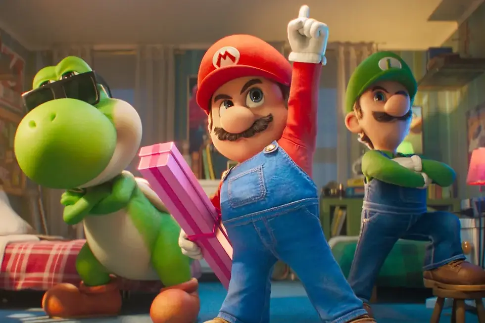 Animated characters in a room: a green dinosaur with sunglasses, a red-capped figure holding a pink gift, and another with crossed arms. Vivid colors.