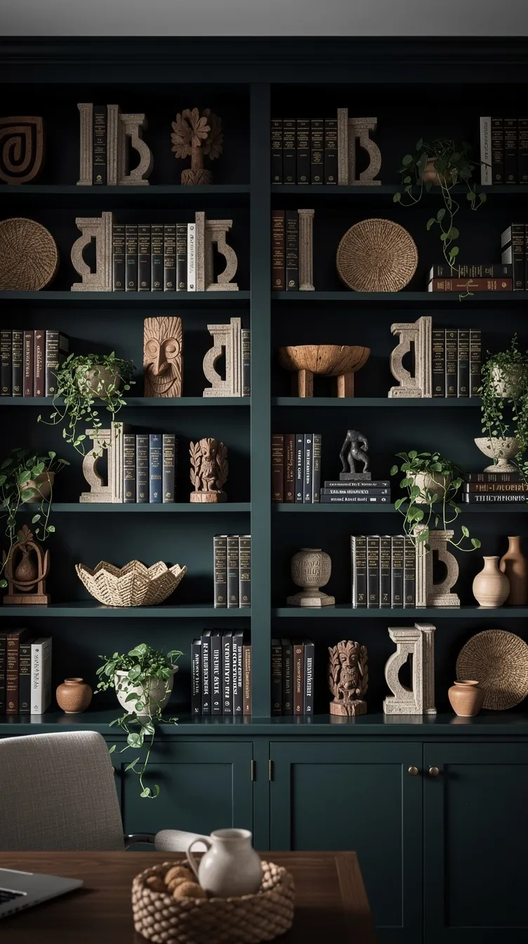 Dark built-in bookshelf with books, woven decor, carved sculptures and trailing plants in a moody, elegant study