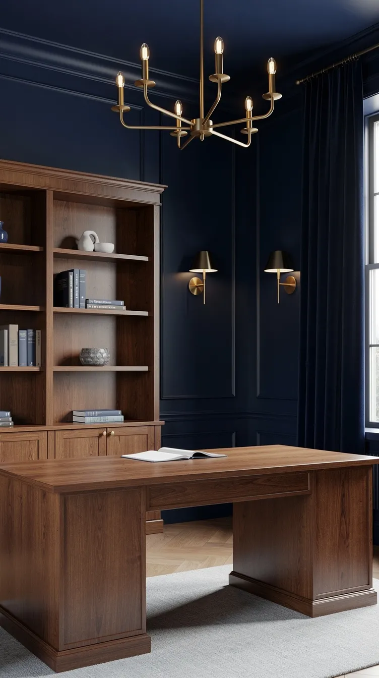 Elegant study with navy walls, walnut desk and bookshelves, brass chandelier and sconces, open book, and a calm, polished mood
