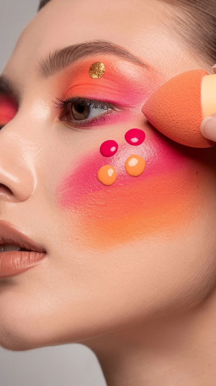 Close-up of a woman's face with bold orange and pink eyeshadow. A sponge applies dots of pink and orange makeup on her cheek.