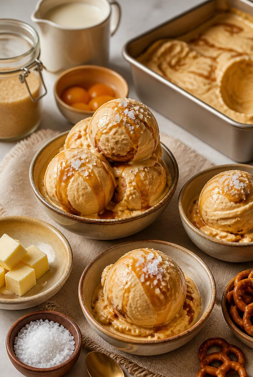 Bowls of caramel ice cream with sea salt, surrounded by butter, eggs, sugar, pretzels, and a loaf pan.