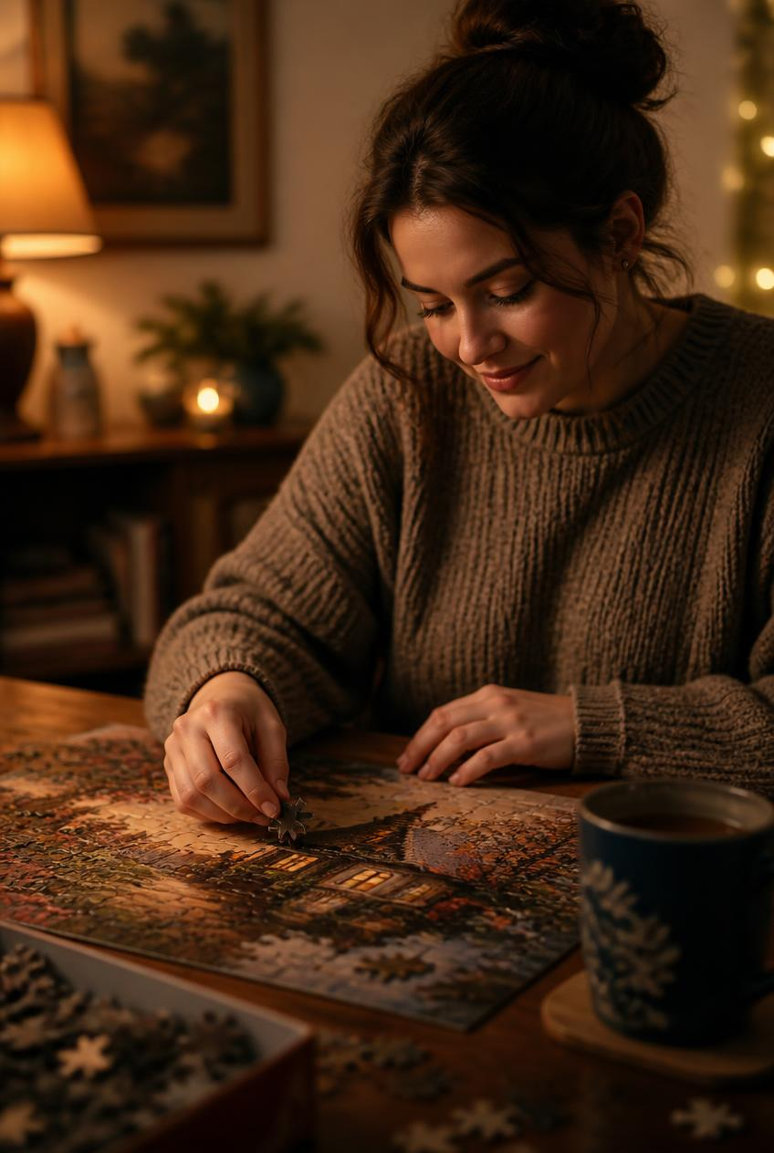 Woman in a cozy warm-lit room places a puzzle piece on a winter scene jigsaw, with a mug and scattered pieces nearby.