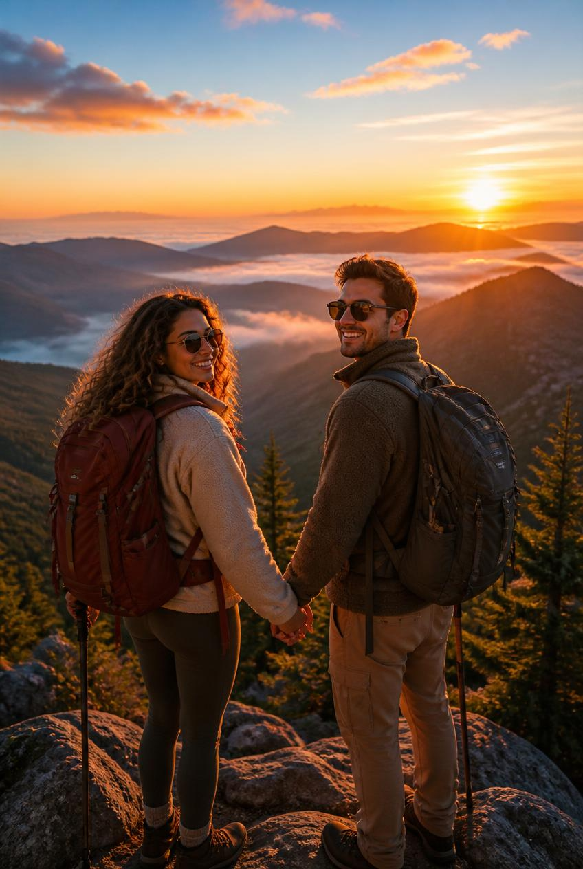 Smiling couple hikers holding hands on rocky overlook at sunrise, with backpacks, sunglasses, and misty mountain ridges below.