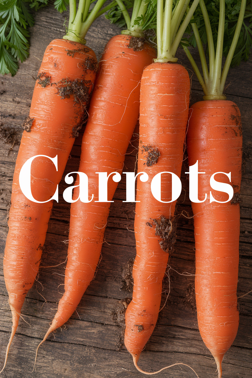 Four fresh, slightly muddy carrots on wooden surface, green tops visible. Large white text reads "Carrots" across the carrots.