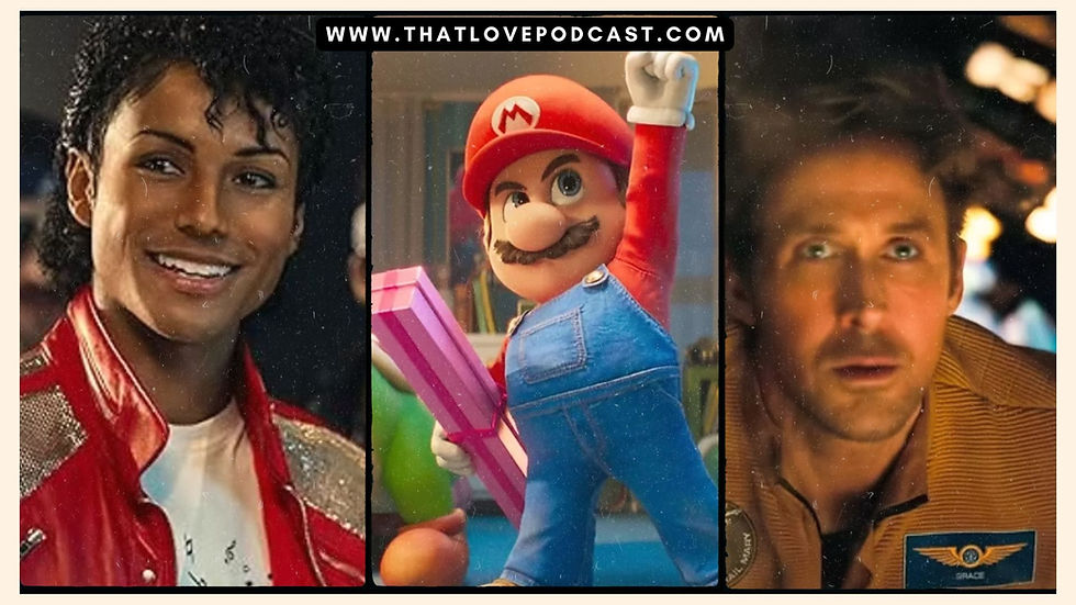 Three-panel collage of a smiling singer, Mario raising a fist, and a serious man; www.thatlovepodcast.com at top