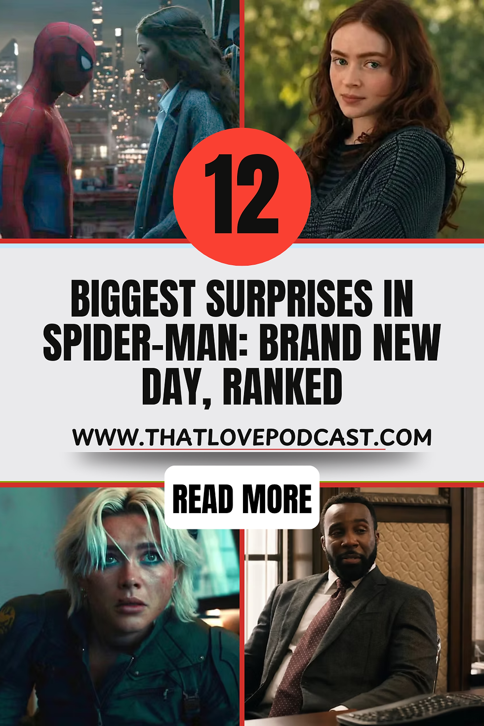 Spider-Man: Brand New Day promo collage with four character images and bold text: 12 Biggest Surprises, Read More, thatlovepodcast.com