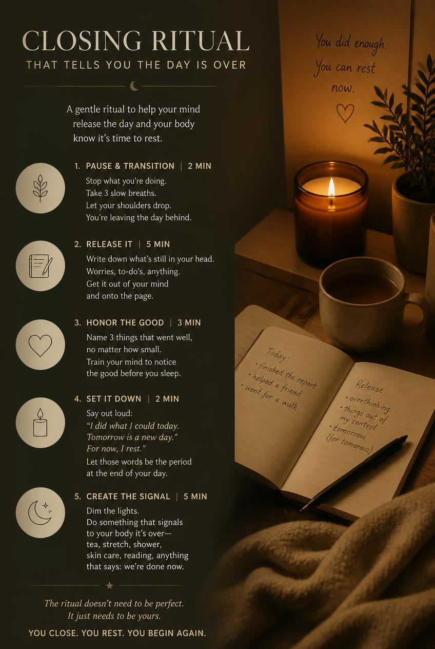 Warm candlelit self-care poster with notebook and tea; text reads Closing Ritual and You did enough. You can rest now.
