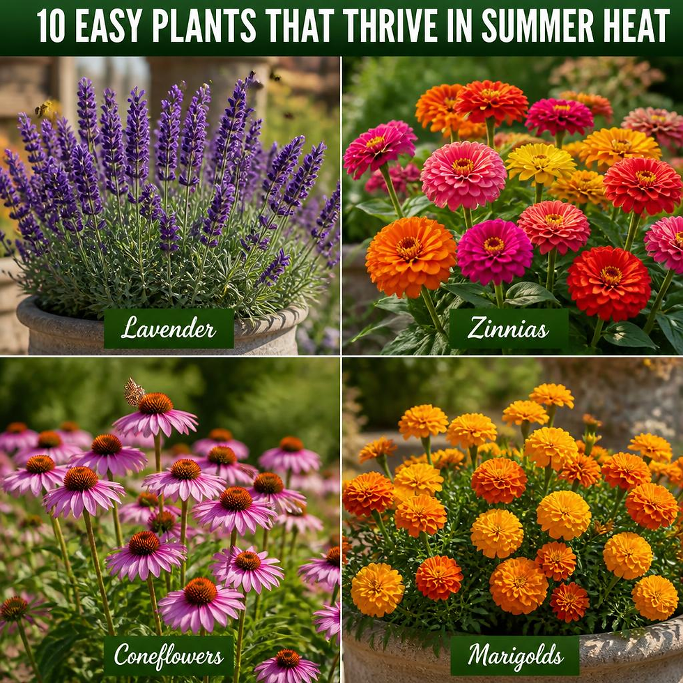 Four-panel flower collage labeled Lavender, Zinnias, Coneflowers, and Marigolds with title 10 Easy Plants That Thrive in Summer Heat