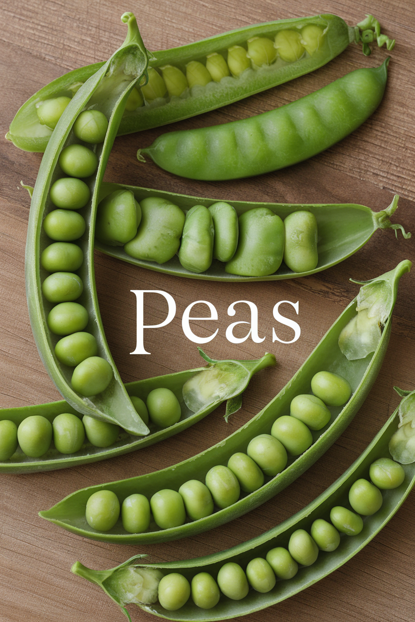 Green pea pods on wooden surface, some open, revealing peas inside. Text 'Peas' overlayed in white. Fresh and natural mood.