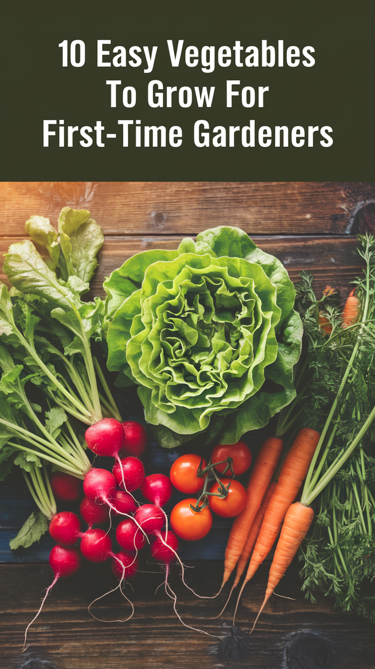 Fresh vegetables on wooden table: lettuce, radishes, tomatoes, carrots. Text above: "10 Easy Vegetables To Grow For First-Time Gardeners."