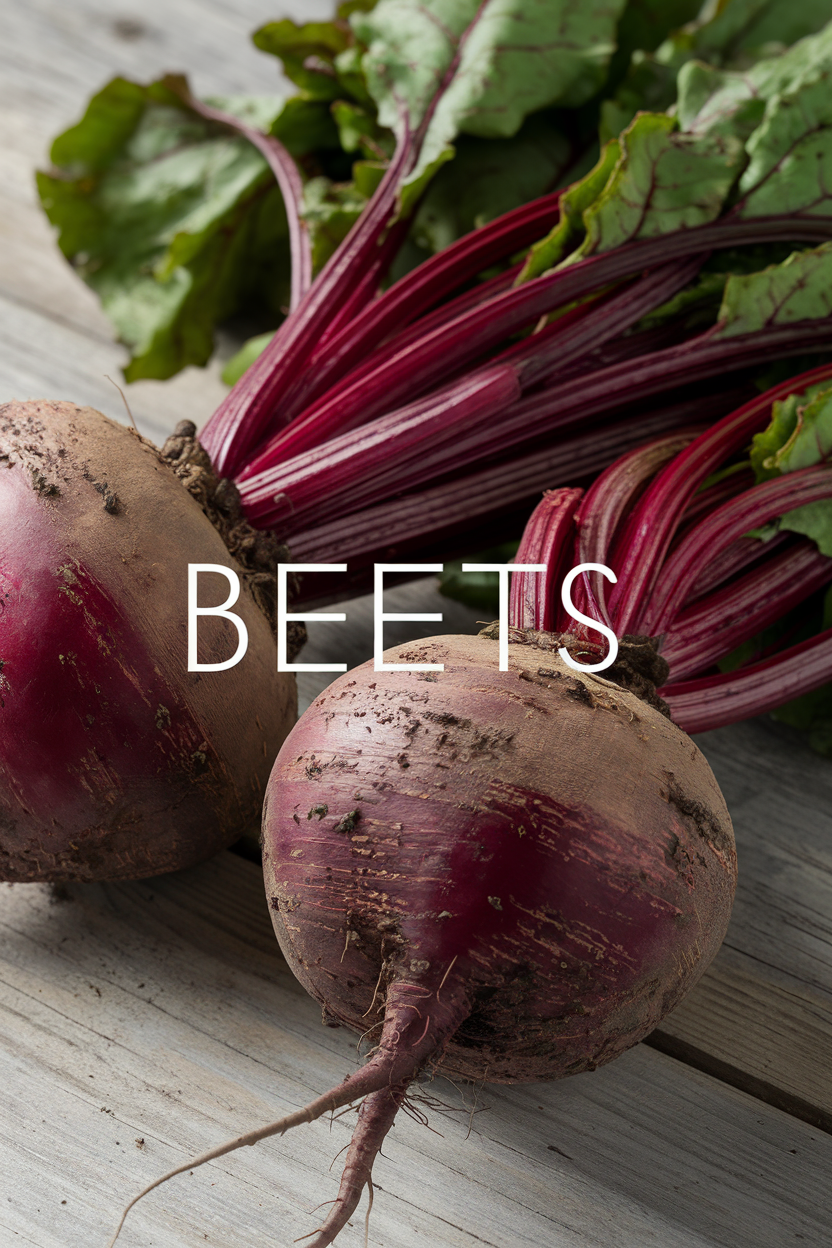 Two fresh beets with leafy tops on a wooden surface, text "BEETS" overlays the image. Earthy tones with vivid greens and purples.