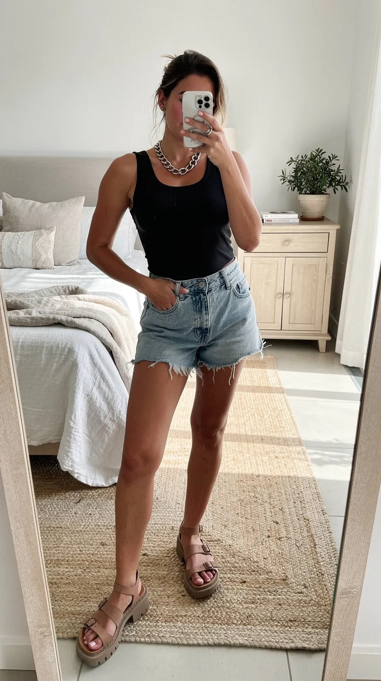 Denim Shorts + Tank Top + Sandals