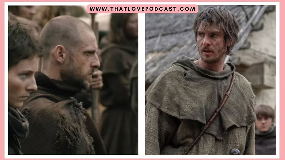 Split image of two grim medieval men in rough clothes; text reads WWW.THATLOVEPODCAST.COM