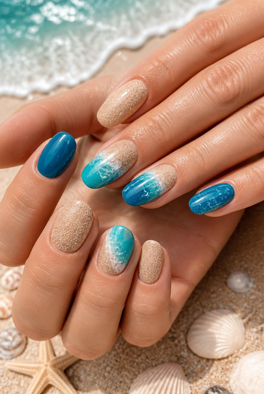 Close-up of manicured hands with blue and sandy ocean-wave nails over beach sand, shells, and surf.