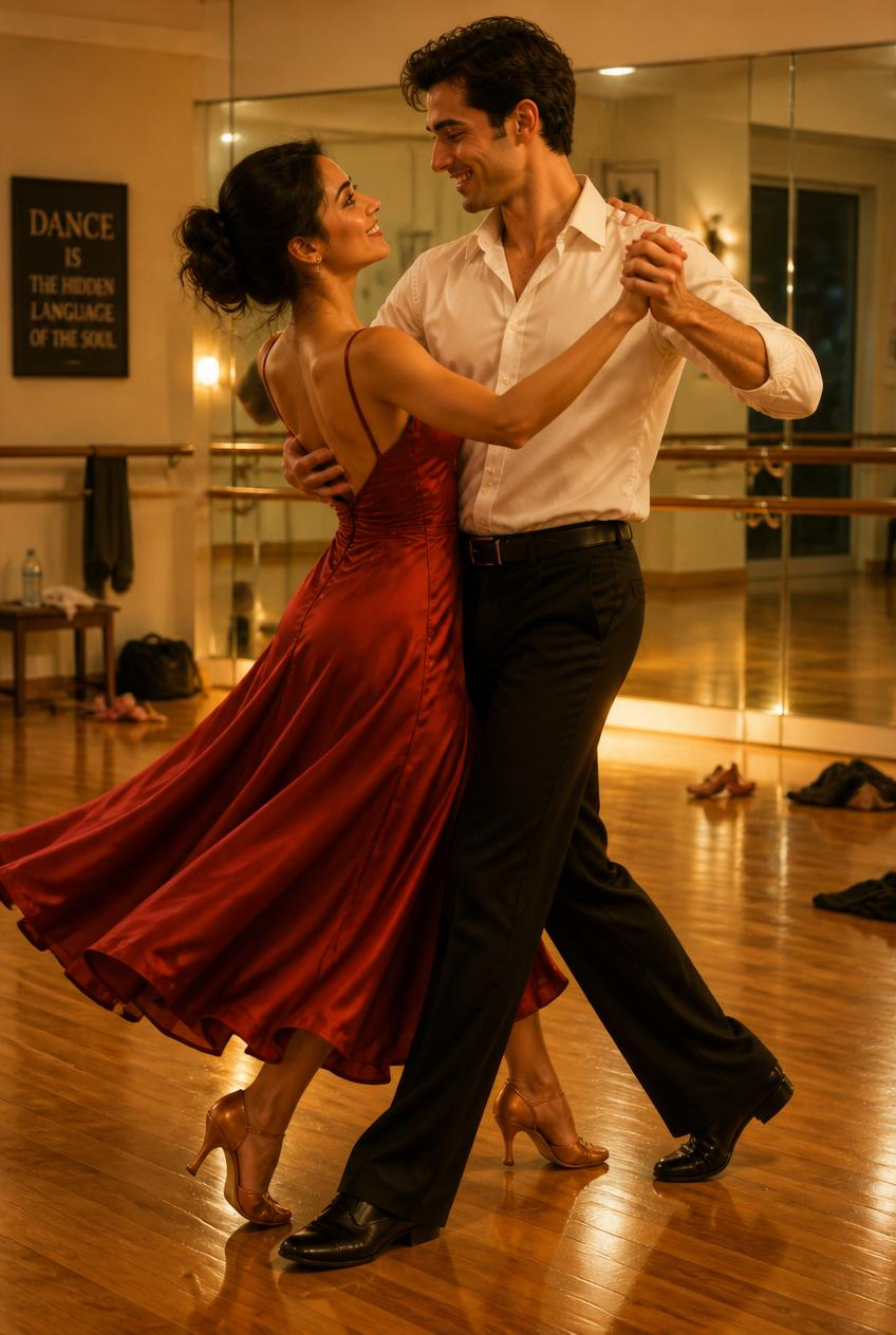 Couple ballroom dancing in a mirrored studio; woman in flowing red dress, man in white shirt and black pants, smiling. Sign reads Dance is the hidden language of the soul