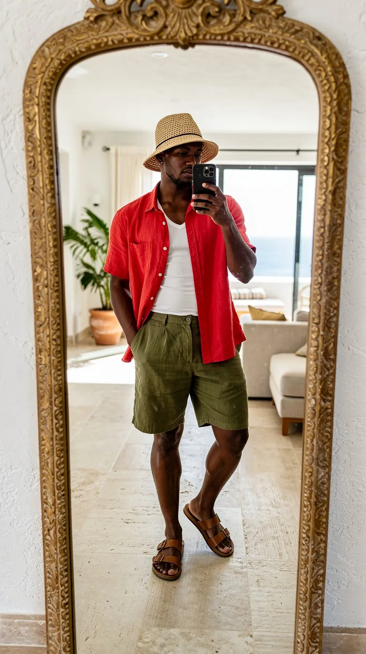 Man in straw hat, red shirt, and green shorts takes a mirror selfie in a bright room. Beige couch and large plant in the background.