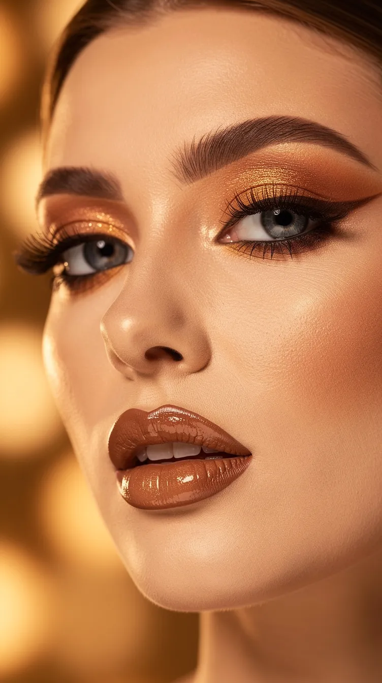 Close-up of a woman with golden eyeshadow and glossy lips. Warm lighting creates a glamorous and elegant mood.