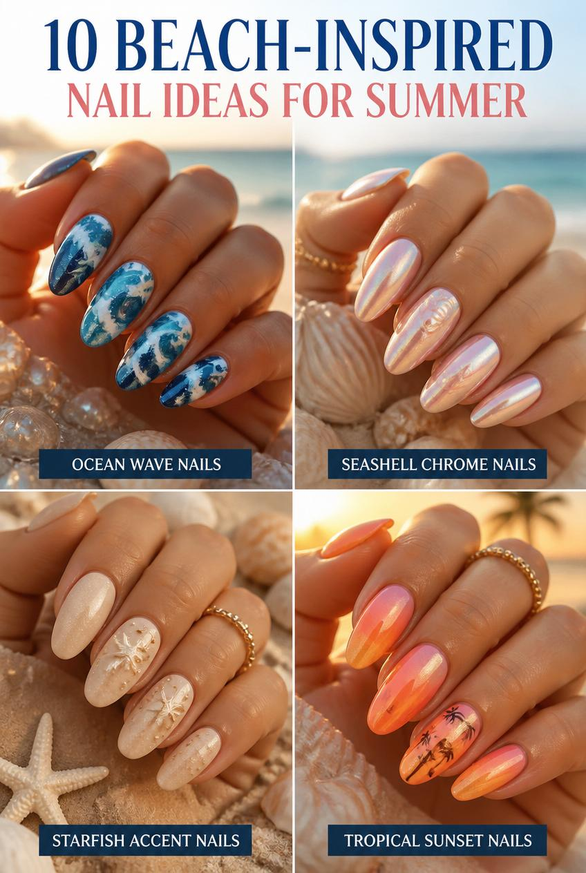 Beach nail collage with four manicured hands at the shore, labeled ocean wave, seashell chrome, starfish accent, tropical sunset.