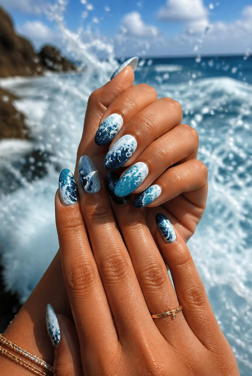 Two hands with blue-and-white ocean wave manicure and rings, held up before a crashing sea under a bright sky.