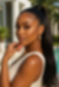 Elegant woman with sleek ponytail and gold earrings posing by a sunny pool, wearing a white sleeveless top, calm expression.