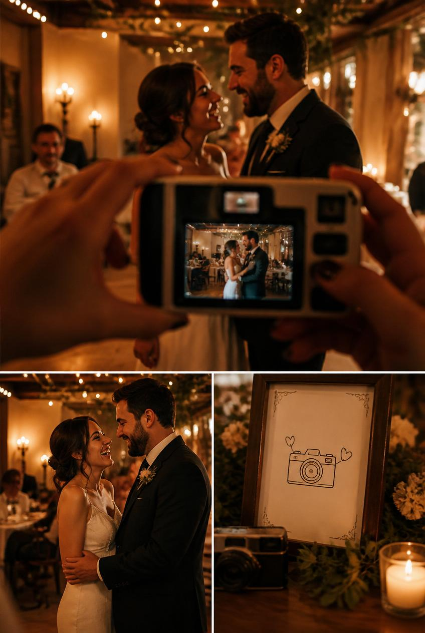 Wedding couple smiling under warm lights, seen through a camera screen; framed camera icon and candle in the background.