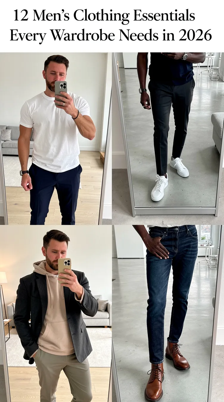 Man in white tee and navy pants, another in black pants and white sneakers. Blazer with hoodie on beige. Blue jeans with brown boots. Text: "12 Men’s Clothing Essentials Every Wardrobe Needs in 2026." Background: mirror and modern interior.