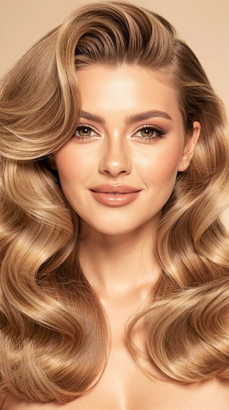 Smiling woman with wavy blonde hair, natural makeup, and glowing skin. Neutral background enhances her elegant and radiant appearance.