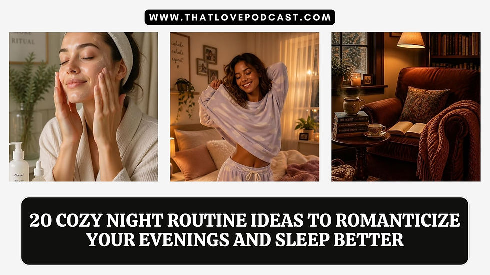 Cozy night routine collage: woman skincare, woman stretching in pajamas, reading chair; text says WWW.THATLOVEPODCAST.COM and 20 cozy night routine ideas