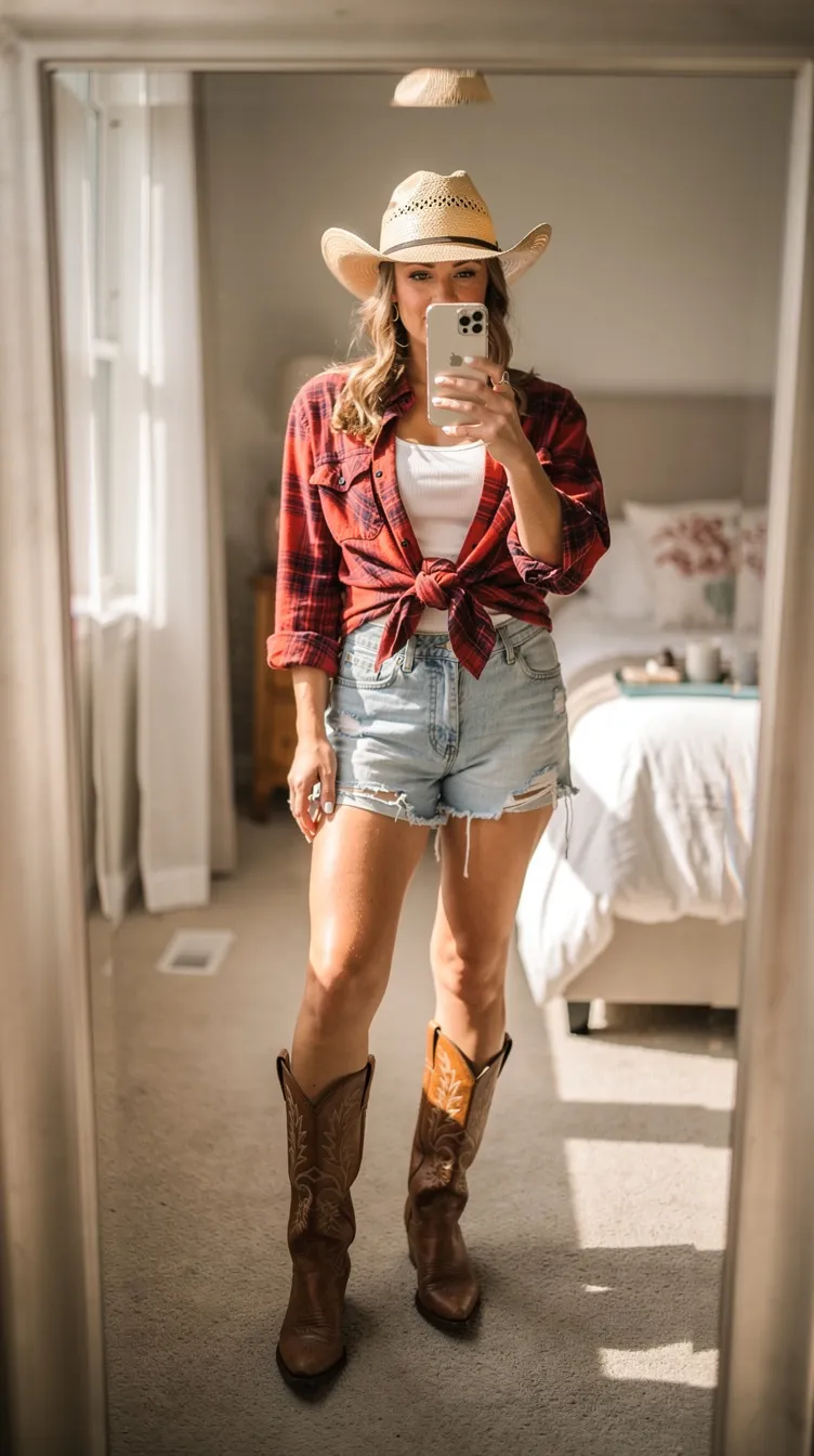 Plaid Shirt + Denim Shorts + Boots