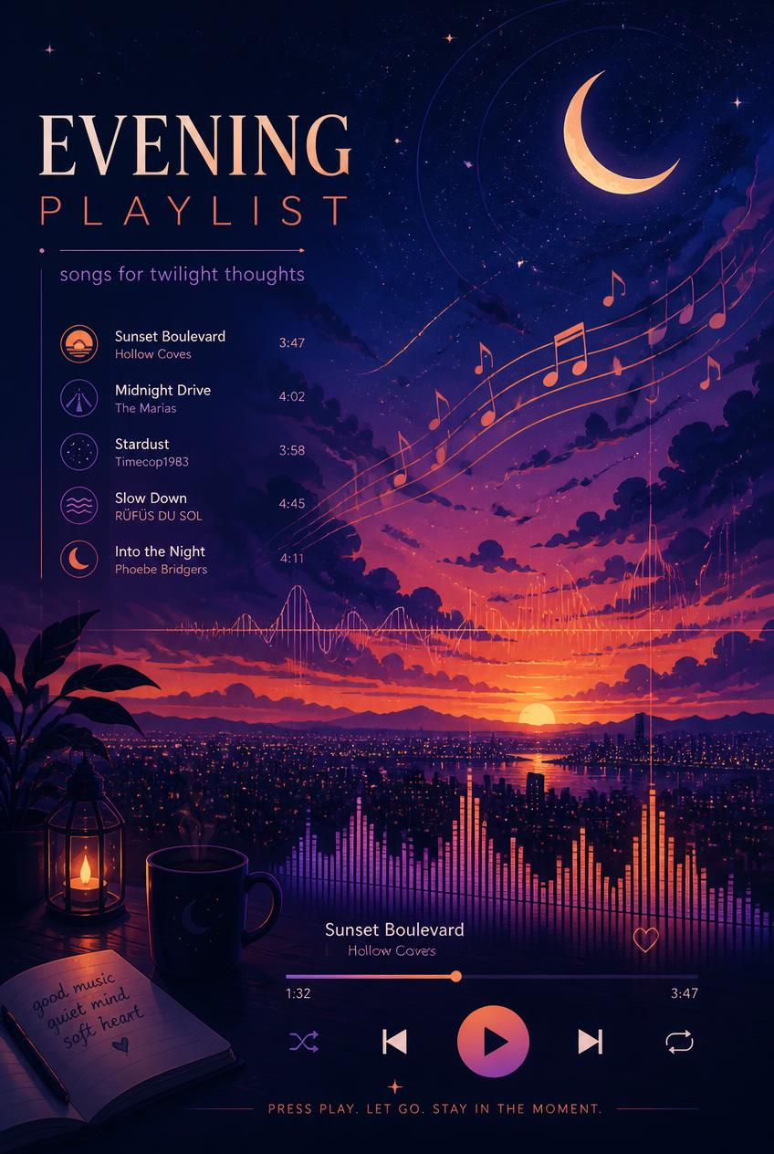Evening playlist poster with crescent moon, sunset cityscape, music notes, candle and mug; song list and play controls.