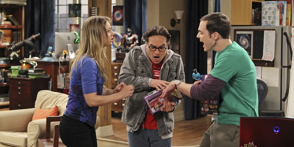 Three adults argue over a purple box in a cluttered apartment, with one man shouting and a woman reaching toward him.