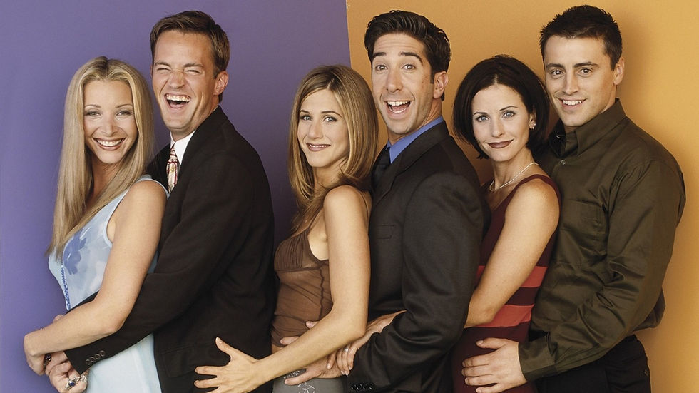 The Friends cast poses together against purple and yellow backgrounds.