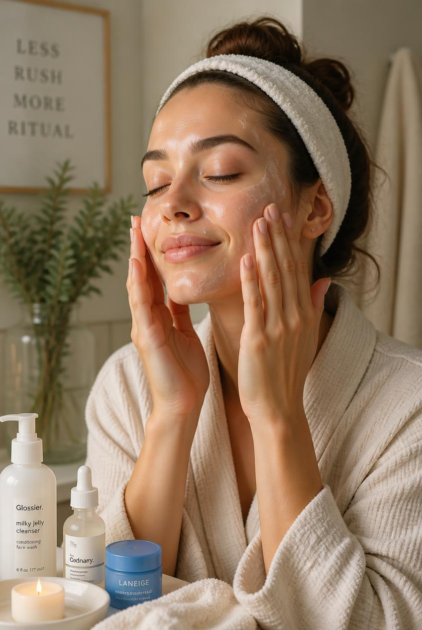 Woman in a robe and headband applies facial cream, with skincare products and a candle; Less Rush More Ritual sign behind.