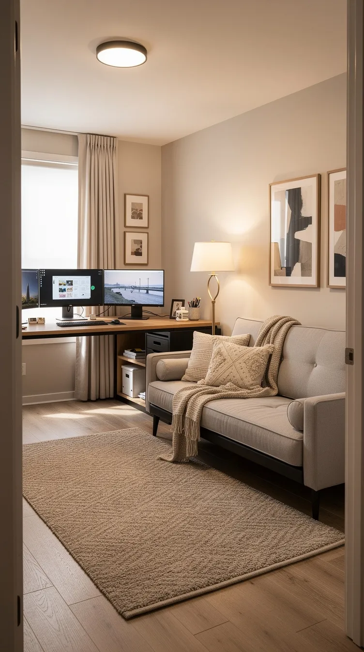 Cozy beige home office with dual monitors, sofa, lamp, rug, and abstract wall art in a calm, tidy room