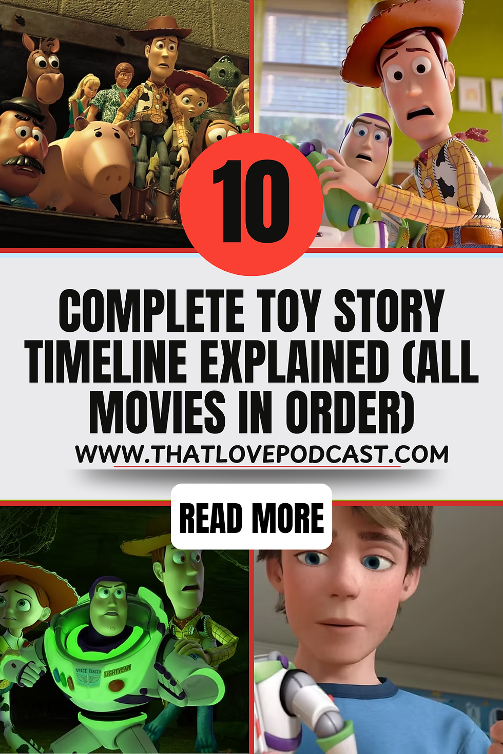 Collage of Toy Story scenes with Woody, Buzz, and others. Text: "Complete Toy Story Timeline Explained." Website link and "Read More" button.
