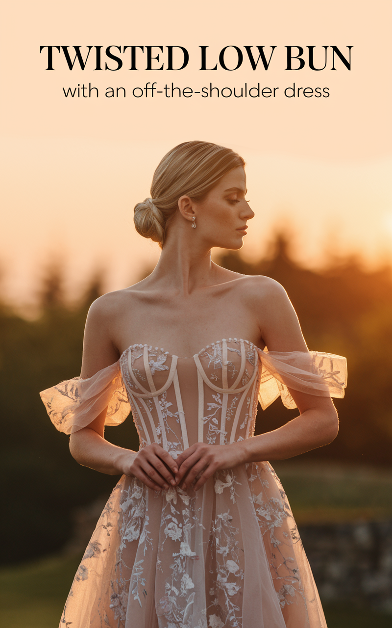 Twisted Low Bun with an Off-the-Shoulder Dress