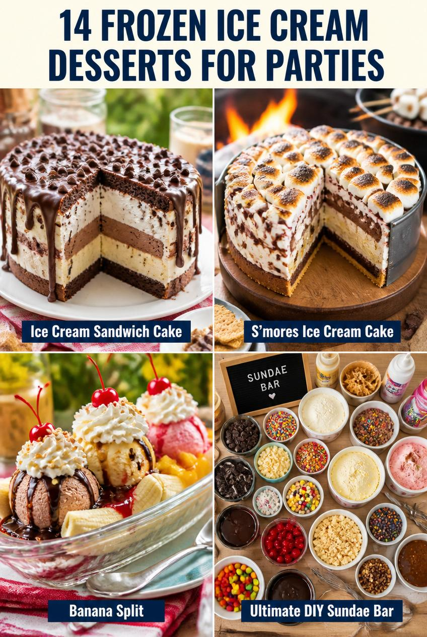 Collage of frozen ice cream party desserts: ice cream sandwich cake, s’mores cake, banana split, and DIY sundae bar.