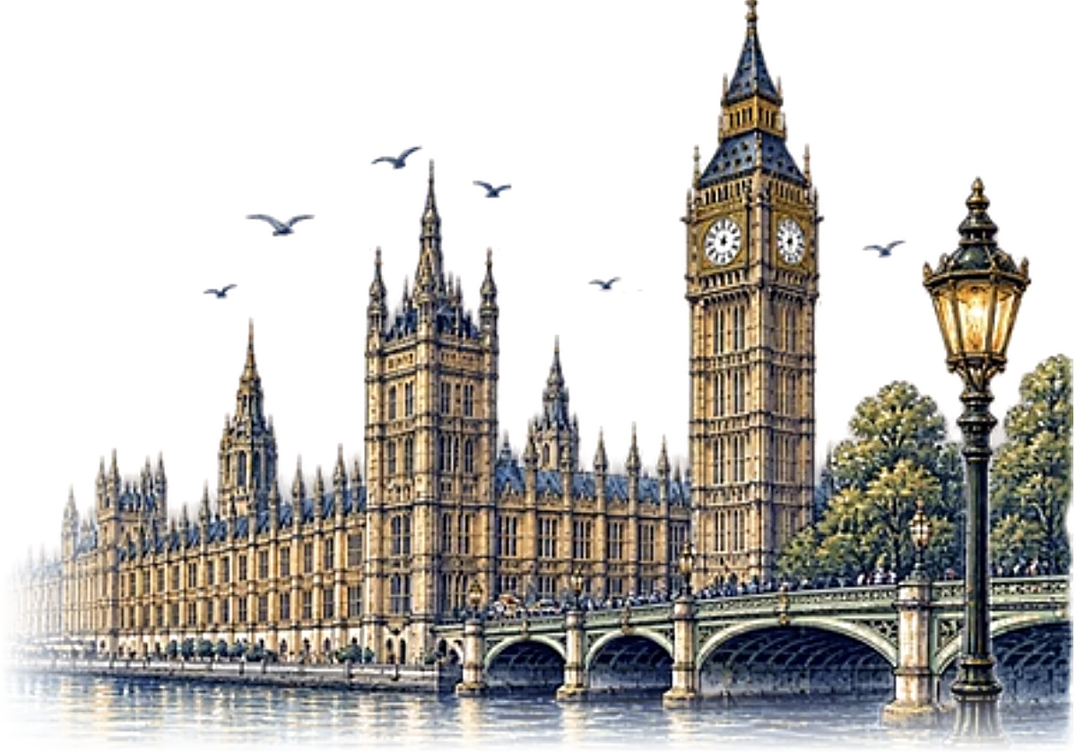 Drawing of the Palace of Westminster and the Elizabeth Tower from Westminster Bridge
