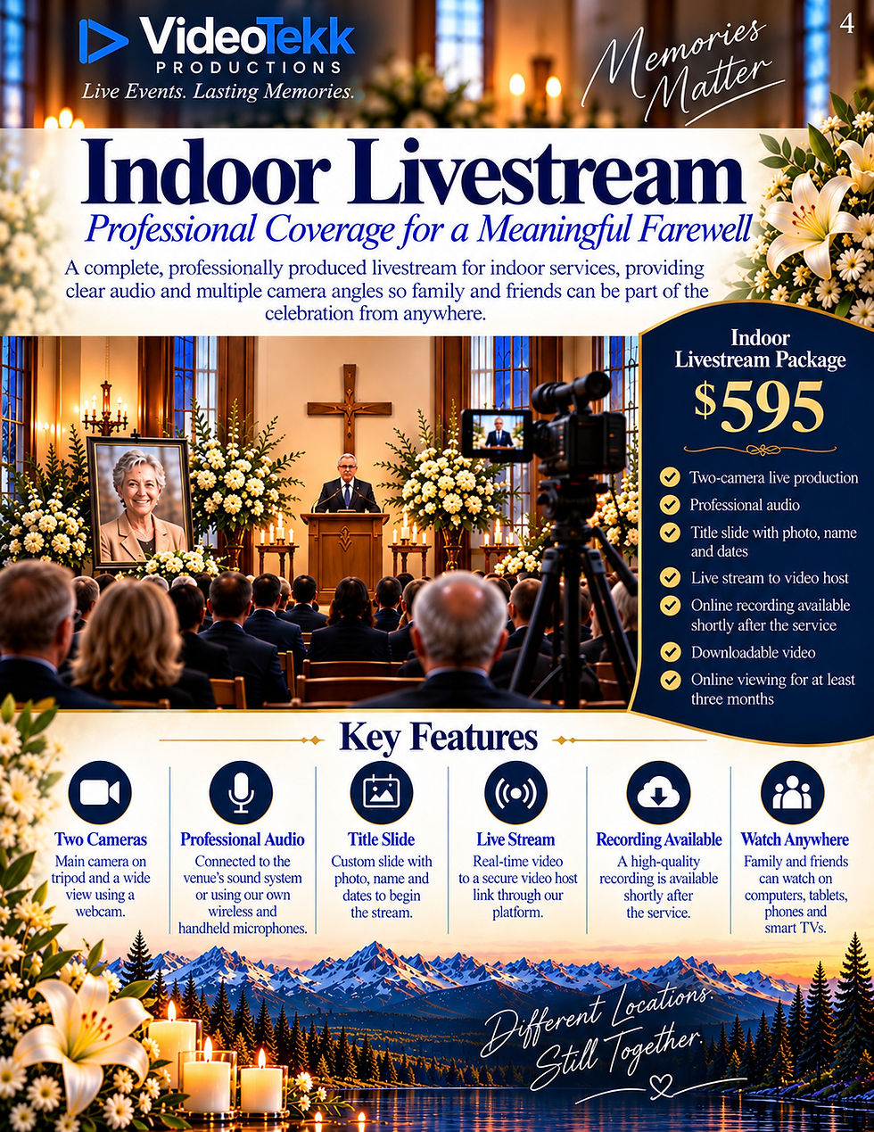 Indoor Celebration of Life livestream with professional multi-camera video and clear audio for family and friends watching remotely