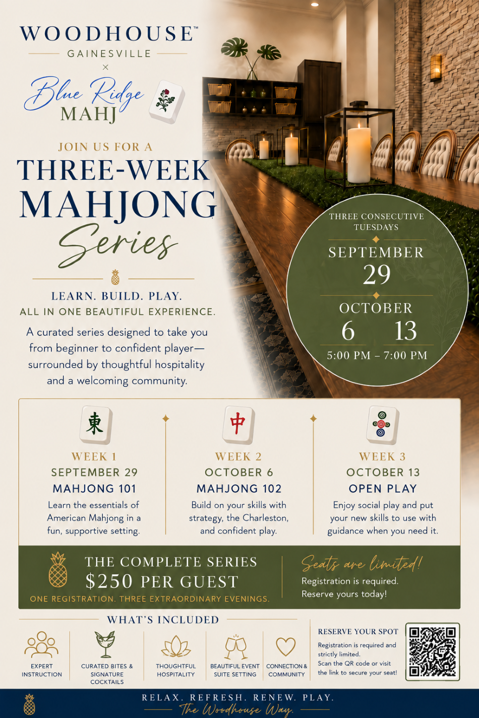 Three evenings. Eight guests. Cocktails, charcuterie, connection—and Mahjong.