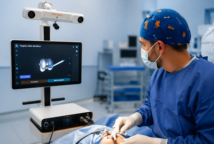 Dr. Francisco Martínez López utilizando un sistema de cirugía robótica para la colocación de prótesis de rodilla y cadera.