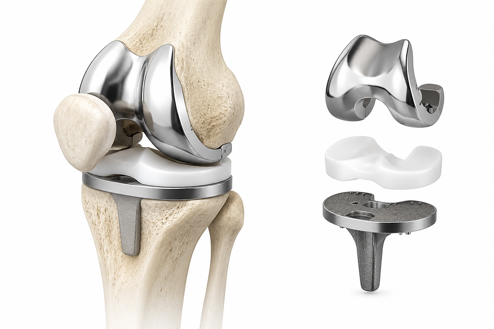 Ilustración médica en 3D de una prótesis total de rodilla moderna utilizada en la cirugía de reemplazo por artrosis avanzada.