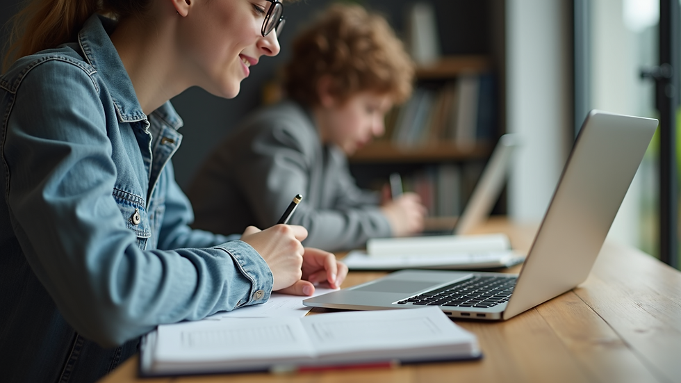 Eye-level view of a student studying with a planner and laptop