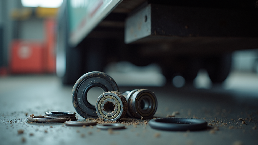 Eye-level view of a trailer bearing kit with bearings, seals, and grease