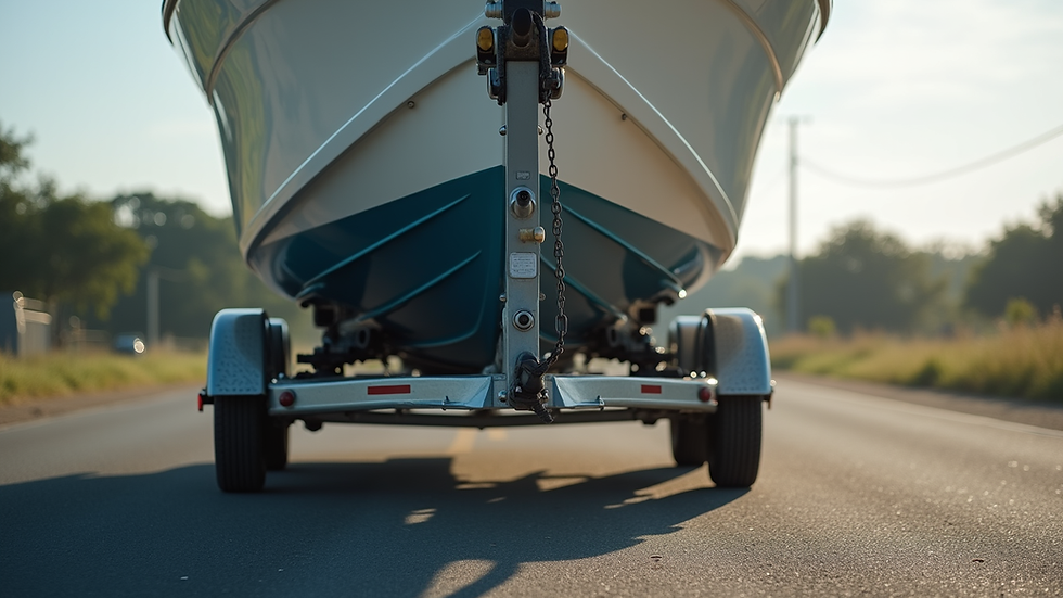 Eye-level view of boat trailer with adjustable bunks supporting a fiberglass hull