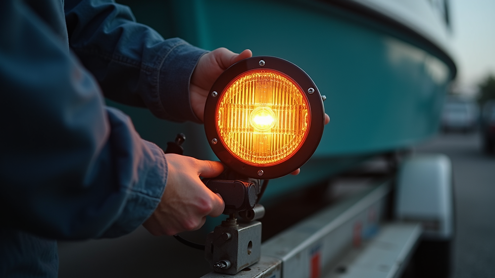 Eye-level view of a boat trailer light assembly being inspected