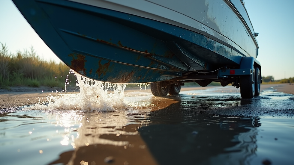 Close-up view of boat trailer undercarriage frame with fresh water rinse