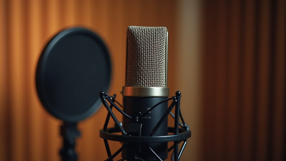 Eye-level view of a recording studio microphone with soundproof panels